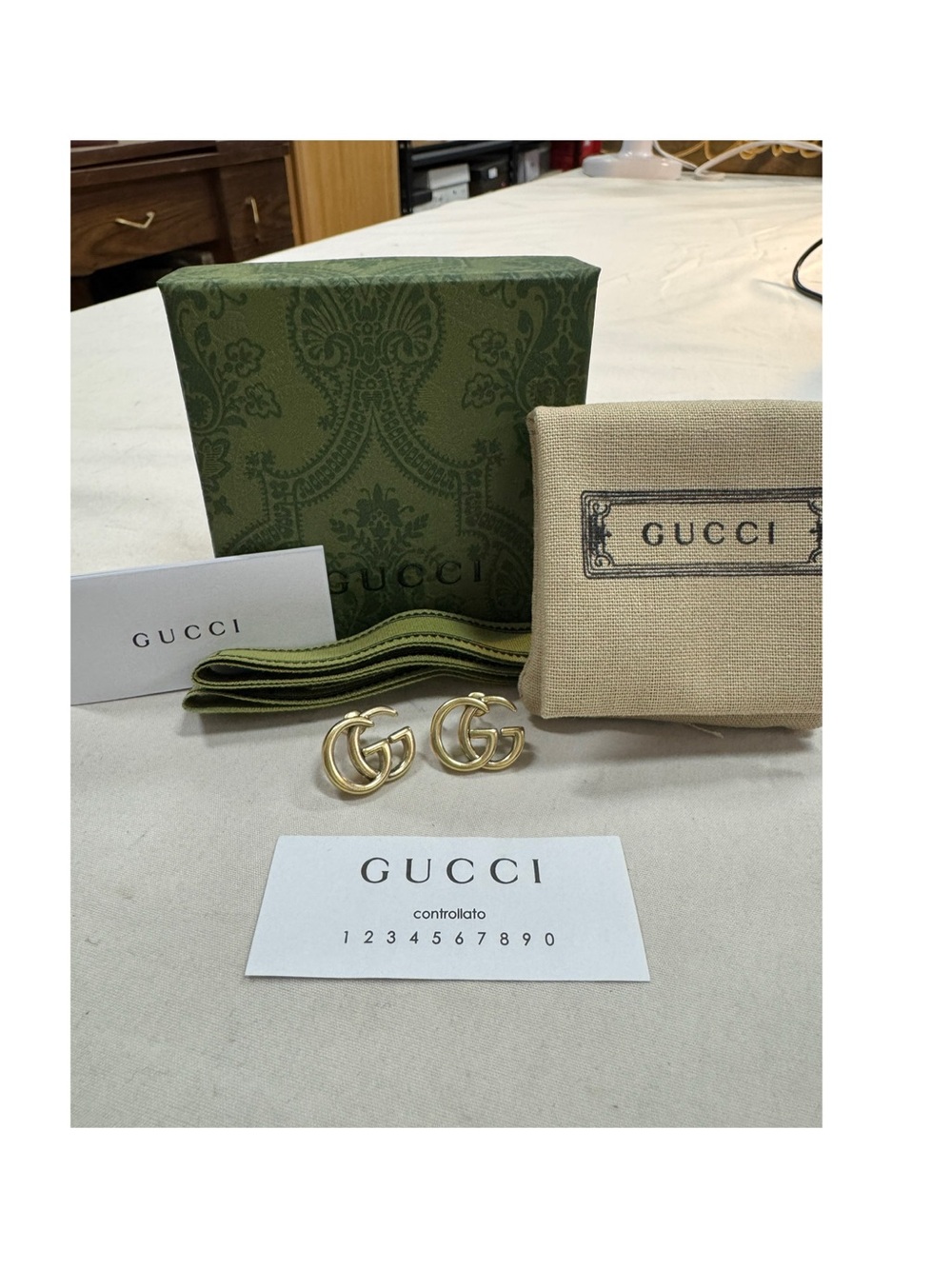 GUCCI Gold Double G Stud Earrings with Box and Dustbag.